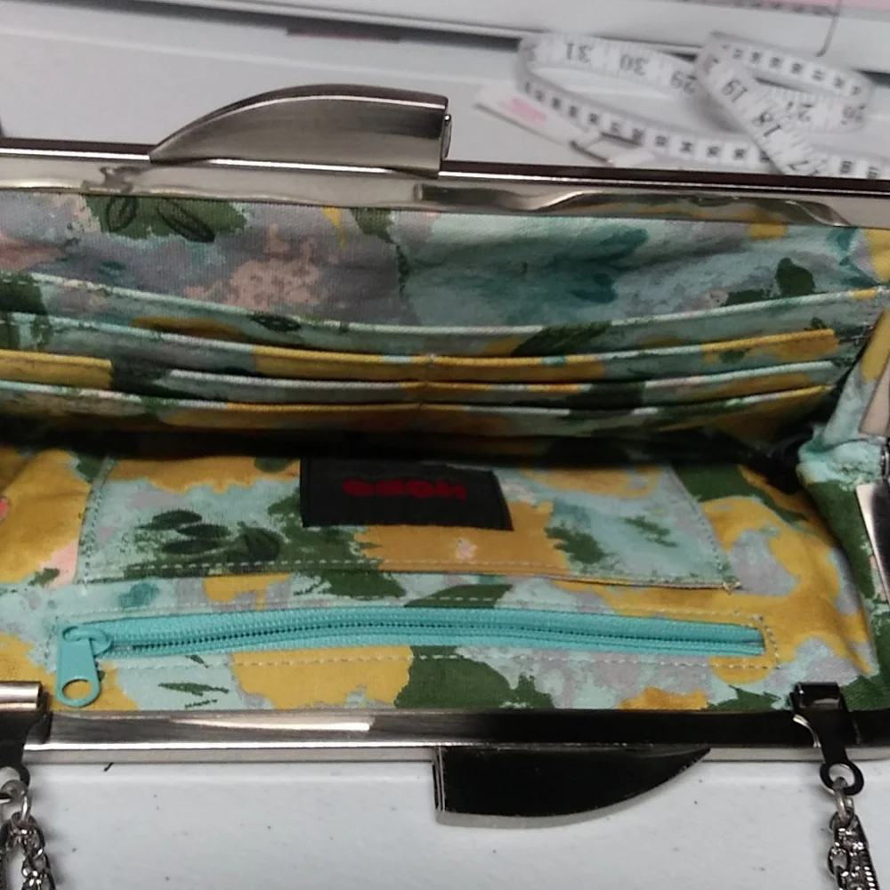 HOBO Black Leather Clutch with Silver Frame & Chain